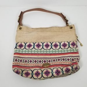 Fossil Key Per Brown Leather Canvas Pink Floral Shoulder Handbag Purse